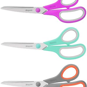Scissors, iBayam 8" Multipurpose Scissors Bulk 3-Pack, Ultra Sharp Blade Shears, Comfort-Grip Handles, Sturdy Sharp Scissors for Office Home School Sewing Fabric Craft Supplies, Right/Left Handed