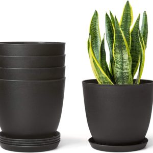 Mkono Plastic Planters with Saucers, Indoor Set of 5 Flower Plant Pots With Drainage