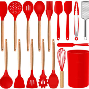 Mibote 17 Pcs Silicone Cooking Kitchen Utensils Set with Holder, Wooden Handles Cooking Tool BPA Free Non Toxic Turner Tongs Spatula Spoon Kitchen Gadgets Set for Nonstick Cookware (Red)