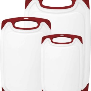 HOMWE Kitchen Cutting Board (3-Piece Set) - Juice Grooves with Easy-Grip Handles - BPA-Free, Non-Porous, Dishwasher Safe - Multiple Sizes (Red)
